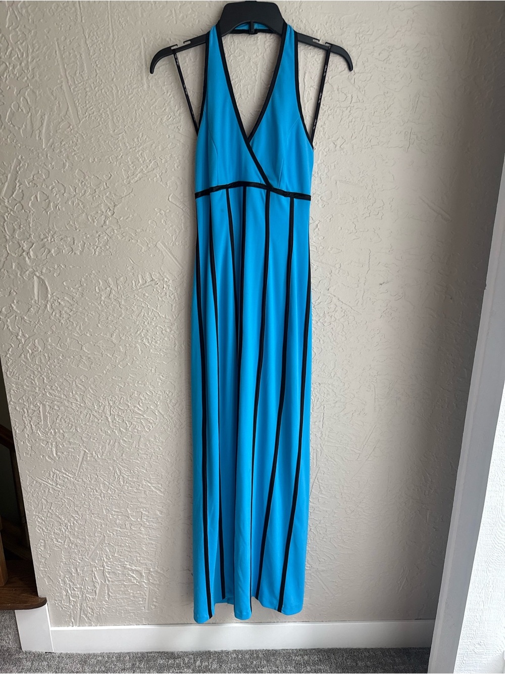 Blondie Nites Turquoise Halter Maxi with Black Piping